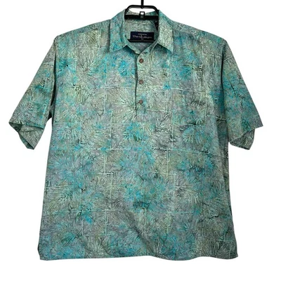 Pete Huntington Mens Bali Batik Hawaiian Tropical Popover Shirt Sz Large Blue SS - Image 1 of 4