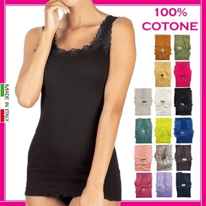 Canottiera Donna Spalla Larga a Costina Top 100% Cotone Canotta Intima in Pizzo - Foto 1 di 25