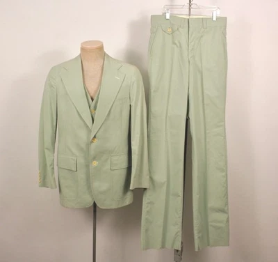 带瑕疵男式复古 70 年代浅绿色 3 件休闲套装尺寸 38 R 19 G2U — 第 1/4 张图片