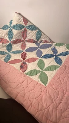 Hand Quilted Orange Peel Quilt Pink Blue Floral Patchwork Cottagecore Style - Image 1 of 4