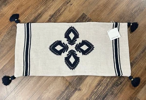 SERENA & LILY Pillow Cover Linen Tassels Sand/Navy Leighton Embroidered $158 NWT - Picture 1 of 8