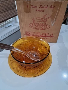 Vtg~Anchor Hocking Amber Glass ~ Salad Set ~ COMPLETE ~ Box & Spoon/Fork~ EUC - Picture 1 of 9