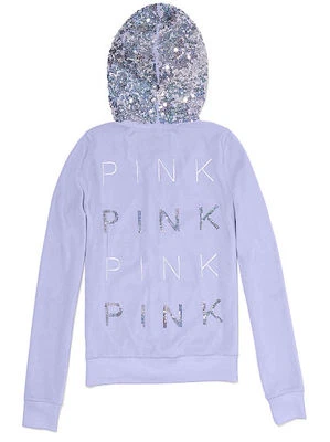 Victoria Secret 粉色狗闪亮丝绒拉链连帽夹克紫色薰衣草 S — 第 1/4 张图片