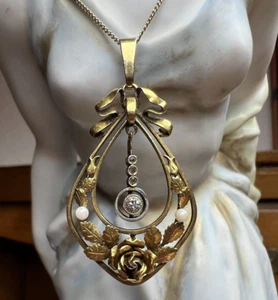 Art Deco Anhänger + Kette , 585 Gold, Diamanten, Perlen, Collier, antik, floral - Bild 1 von 21
