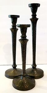 3 Rustic Tapered Taper Hammered Iron Metal Candle Stick Holders Bronze Look 