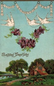 Vintage Geburtstagsgruß Postkarte mit Schwalben, Landhaus und Brückenszene - Bild 1 von 2