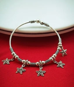 Gorgeous Silver Oxidized Bangle 2.3" Starfish Charm Bracelet Traditional Jewelry - Picture 1 of 9
