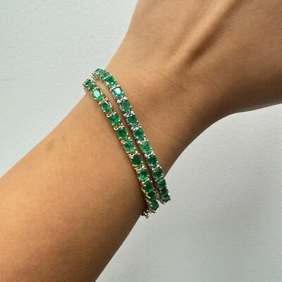 Pulsera Tenis, Brazalete Tenis Corte Ovalado Esmeralda, Oro 14K, Juego de Puntas Foto 1 de 4