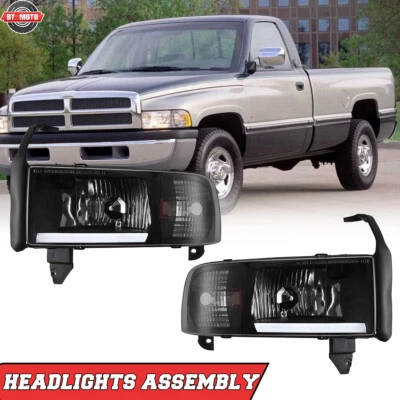 Front Headlights For 1994-2002 Dodge Ram 1500 2500 3500 Black Housing Lamps L+R Foto 1 de 4