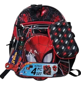 Marvel Spiderman Backpack 4 Piece Bonus Set w/ Lunch Kit, 3D Zip Case & Lanyard - Picture 1 of 4