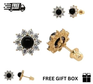 14k Solid Yellow Gold Onyx Flower Shape Screw Back Stud Earrings Gift - Picture 1 of 9