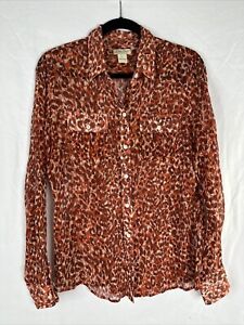 Lucky Brand Sheer Button Up Silk Top Women Size L Leopard Print Long Sleeve 