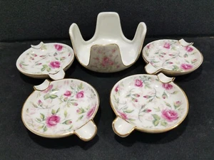 Vintage Lefton Rose Chintz Bone China 4 Ashtrays with Holder Hand Painted - Picture 1 of 6