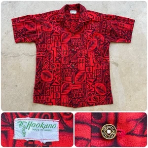 1960s 70s Vtg HOOKANA Novelty Print Hawaiian Shirt Medium Tiki Aloha Surf Red - Picture 1 of 22