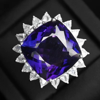 Cuscino ametista viola fluo 25,50 ct argento sterling 925 anelli floreali... - Immagine 1 di 4