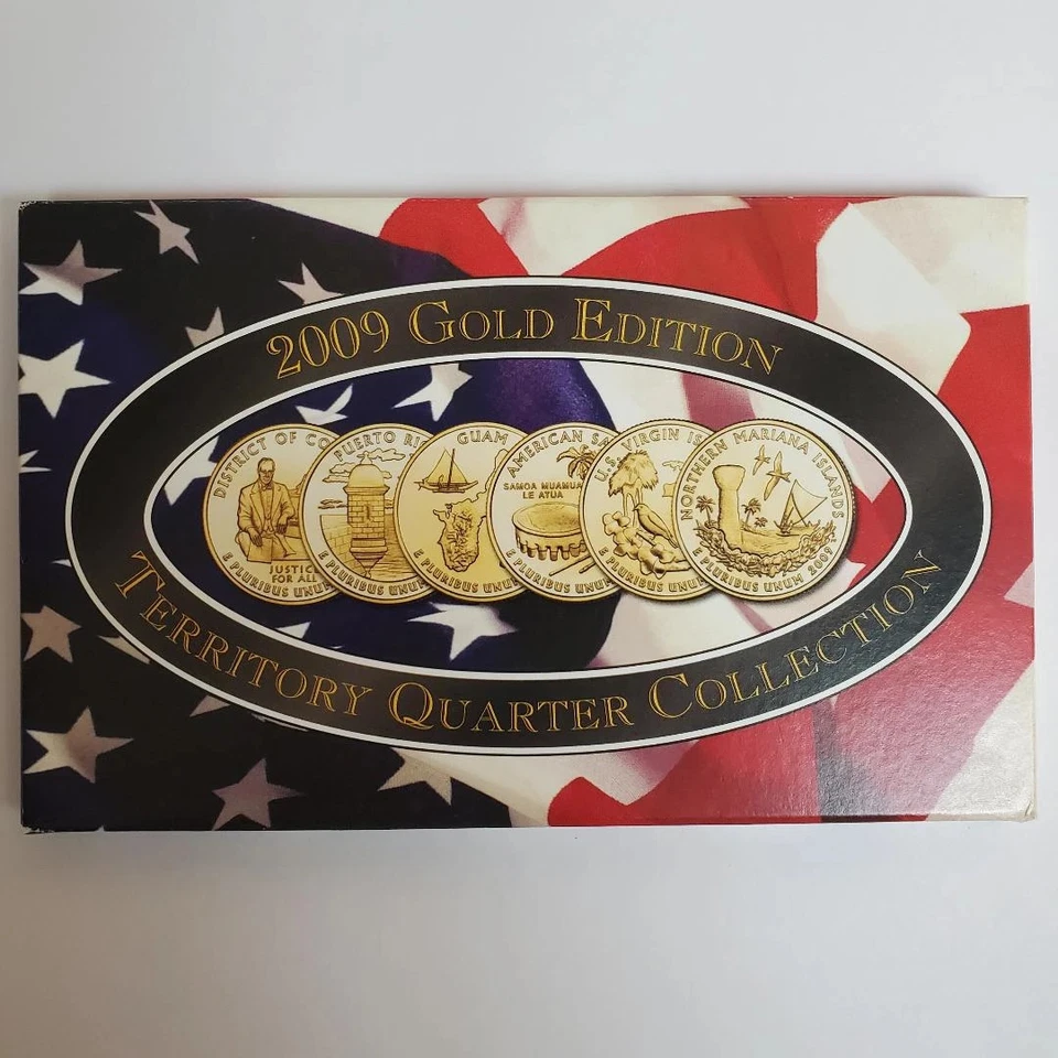 A COMPLETE 2009 D Six Coin "BU" "GOLD PLATED" State Quarter Set Box & COA - Image 1 of 2