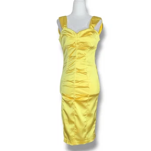 Vintage 90er Cache Kleid gelb Satin gerafft wackeln ärmellos Herzausschnitt - Bild 1 von 10