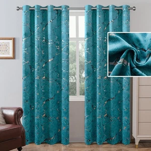 Luxury Turquoise Velvet Curtains, Gold & Silver Foil Marble Pattern, 80% Ligh... - Bild 1 von 8