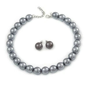 14mm Grey Glass Bead Choker Necklace & Stud Earrings Set - 37cm L/ 5cm Ext - Picture 1 of 6