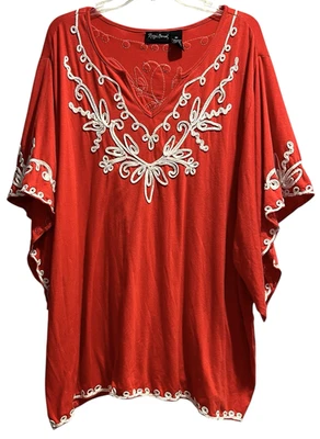 Top Maggie Barnes Talla 3X Rojo Bordado Kimono Manga Tejido Elástico Túnica Boho Foto 1 de 4