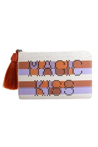 Akris Womens Zip Top Striped Leather Canvas Magic Kiss Wristlet Handbag White - Picture 1 of 7