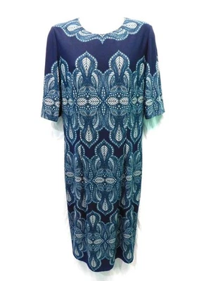 Vestido midi WHBM talla 8 azul oscuro estampado de hojas manga corta tejido elástico forrado Foto 1 de 4