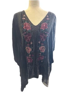 Johnny Was JWLA Samt Tunika Top Seide grau Boho bestickt Blumen Medium Large - Bild 1 von 6