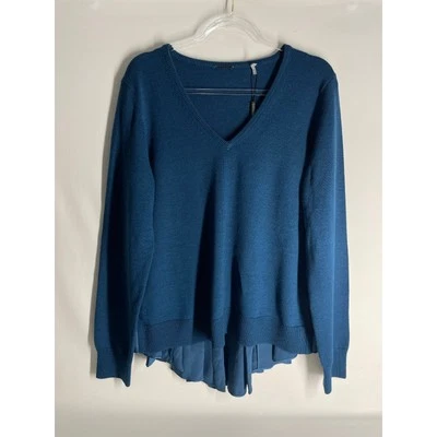 Elie Tahari Teal 蓝色 Deangela 毛衣美利奴羊毛丝绸毛衣全新 XL 码 — 第 1/4 张图片