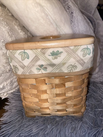Vintage Longaberger Tissue Box Square Basket 1999 Lid Sage Green Leaf BeigeLiner Cover