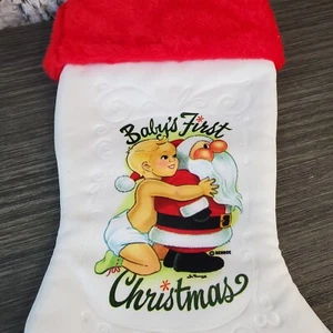 Vintage Babys erste Weihnachten rot/weiß RENNOC Strumpf mit Jim Timmons Kunst - Bild 1 von 5