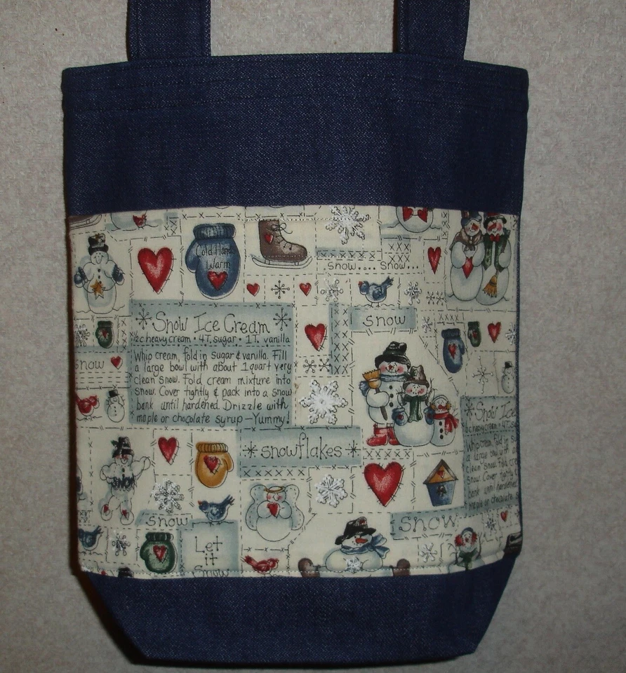 NEW Handmade Snowman Snow Ice Cream Small Denim Tote Bag - Image 1 of 1