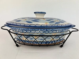 2 Quart Oval 12” Covered Casserole Temptations Ovenware Old World Blue With Rack - Imagen 1 de 11