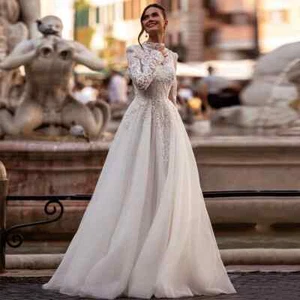High Neck Tulle Wedding Dresses Long Sleeve Applique Buttons Back Bridal Gowns - Picture 1 of 8