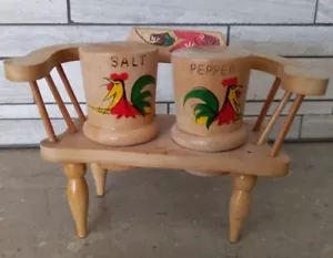 Vintage Wood Rooster Salt and Pepper Shakers with Bench Japan - Picture 1 of 10