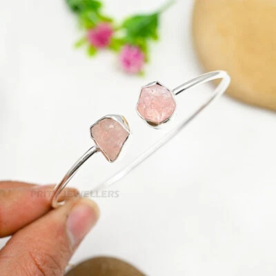 Браслет-манжета ручной работы регулируемый серебро 925 пробы розовый кварц подарок - Изображение 1 из 4