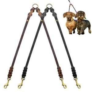 Durable Genuine Leather Dog Leash Coupler Double Walking Lead for Two Dogs Brown - Picture 1 of 14