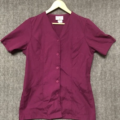 Peaches Scrub Top Womens Medium Purple Short Sleeve Pockets Button Tie Uniform - Image 1 of 4