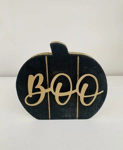 Halloween Wood Sign Accent Farmhouse Black Gold “BOO” Spooky Tiered Decor 4” - Picture 1 of 3