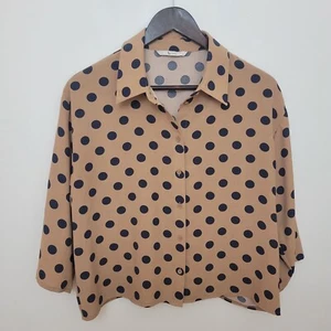 Vintage Womens Blouse Shirt Top Size 12 Beige Black Polka Dot Work Boho 80s - Picture 1 of 6