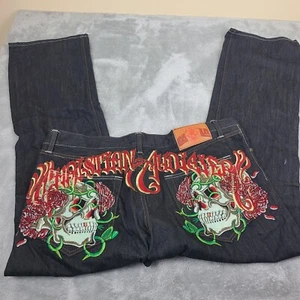VTG Christian Audigier Men's NWT Embroidered Jeans Skull Rose Jeans Sz 42 X 34 - Picture 1 of 16