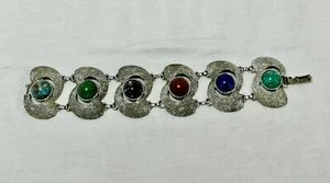 Vintage Sarah Coventry Chunky Silver Tone With Multicolored Cabochon Bracelet - Picture 1 of 9