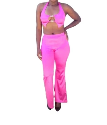 Women Hot Pink Backless Rhinestone Tie Back Front Halter Top & Flared Leg Pants - Image 1 of 3
