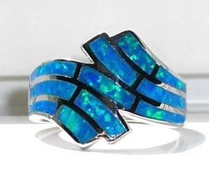 Blue Fire Opal Wave Ring Lab Created 925 Sterling Silver Women's-Sizes 4-12 - Picture 1 of 12