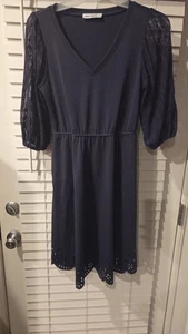 Vestido Grace Karin Azul Marino Encaje Ojales Talla Pequeña Elastizado Manga Larga Carrera Iglesia - Imagen 1 de 8