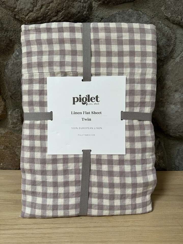 NWT Piglet In Bed TWIN Flat Sheet Elderberry Gingham 100% Linen - Image 1 of 4