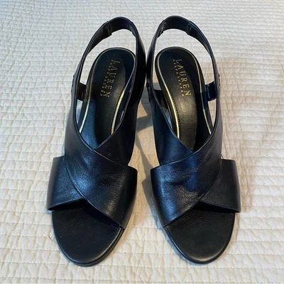 Sandalias Lauren Ralph Lauren Cuero Negro Tacones Punta Abierta Talla 6 1/2M Preppy Foto 1 de 4