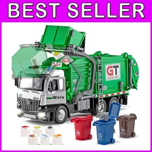 12" Metal Garbage Truck with Dumpster & 4 Trash Bins - Educational Play for Kids - Picture 1 of 8