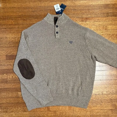 Chaps Mens 3XB Big & Tall Button Mock Neck Sweater Elbow Patch Beige Brown NWT - Image 1 of 4
