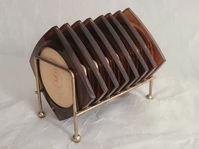 De colección Lucite Acrílico Caparazón de Tortuga 8 Posavasos Cuerda de Celulosa Remolino Estante MCM Foto 1 de 4