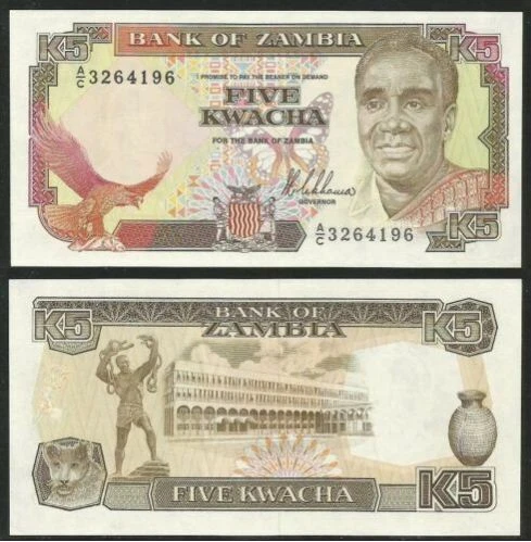 Zambia Banknote 5 Kwacha 1989 (UNC) 全新 赞比亚 5克瓦查 1989年  - Image 1 of 1